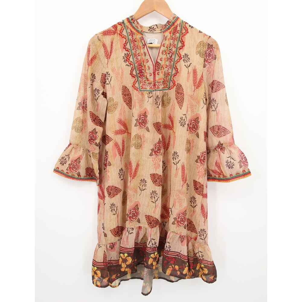 Zara Dress Tan Leaf Floral Pattern Nude Beige Bell Sleeve Embroidered Neckline M - Picture 2 of 12